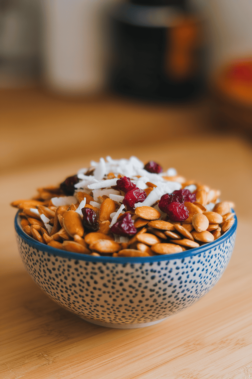 An indoor snack bowl of roasted pumpkin seeds mixed with dried cranberries and shredded coconut—no text or logos. Photo only.