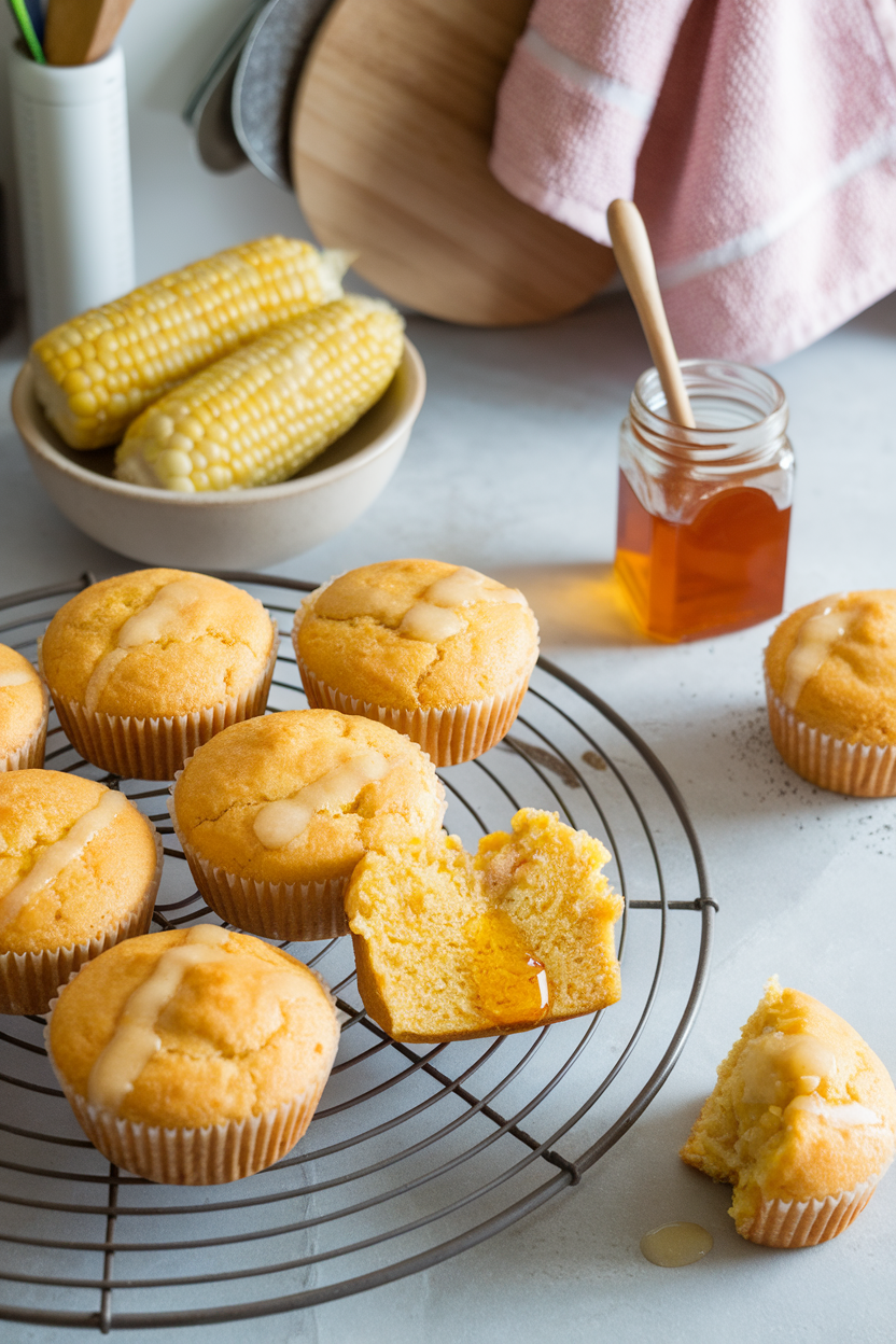 Indoor kitchen counter holding a wire rack of golden cornbread muffins, one split open and drizzled with honey. Photo, no text or logos.