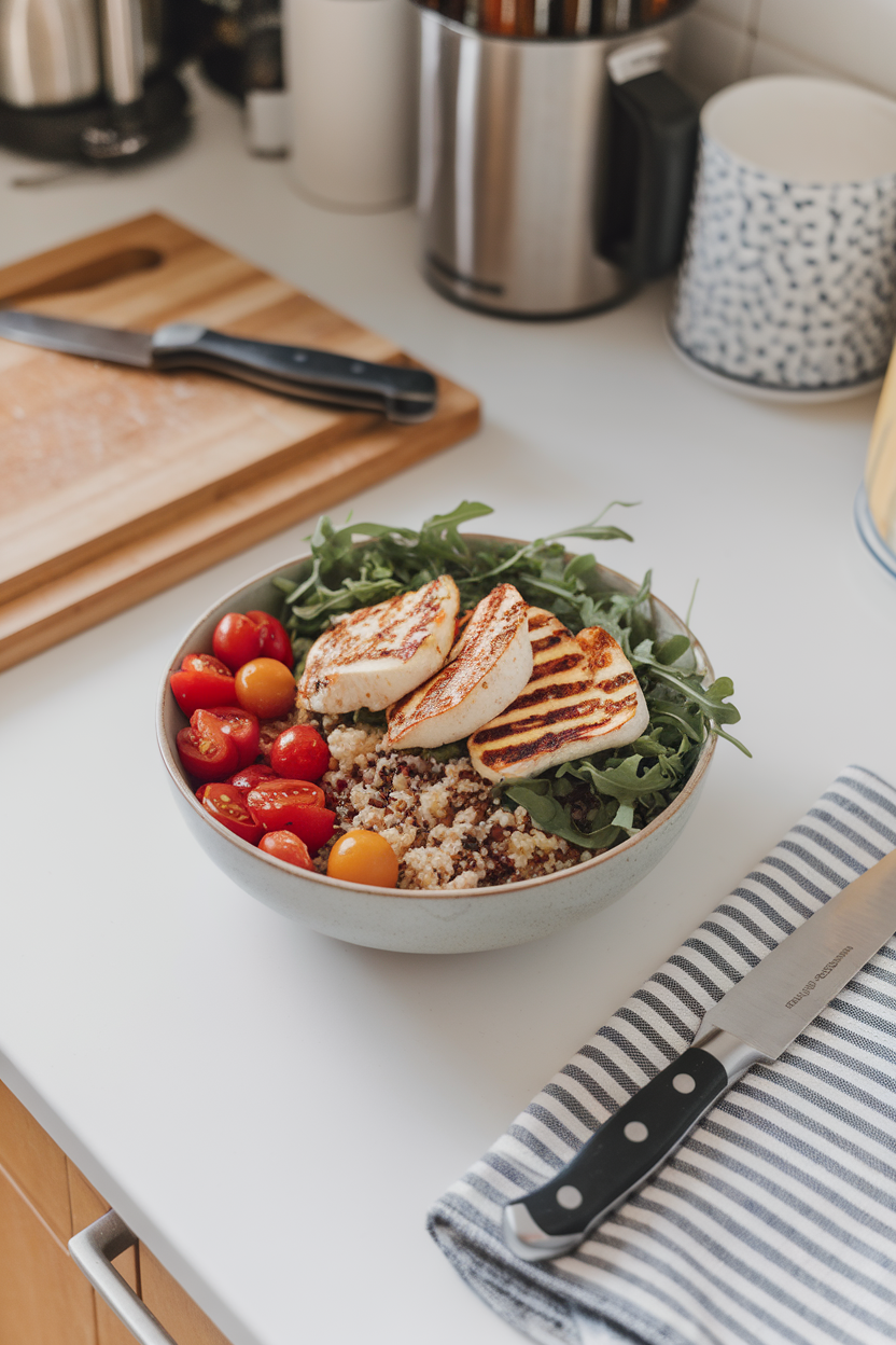 Indoor kitchen setting showing seared halloumi slices resting atop a bowl of quinoa, cherry tomatoes, and arugula; no visible logos or text.