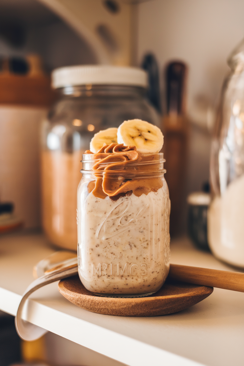 Photo of a mason jar filled with creamy overnight oats, peanut butter swirl, and sliced bananas on top, sitting on an indoor kitchen shelf. No text or logos.