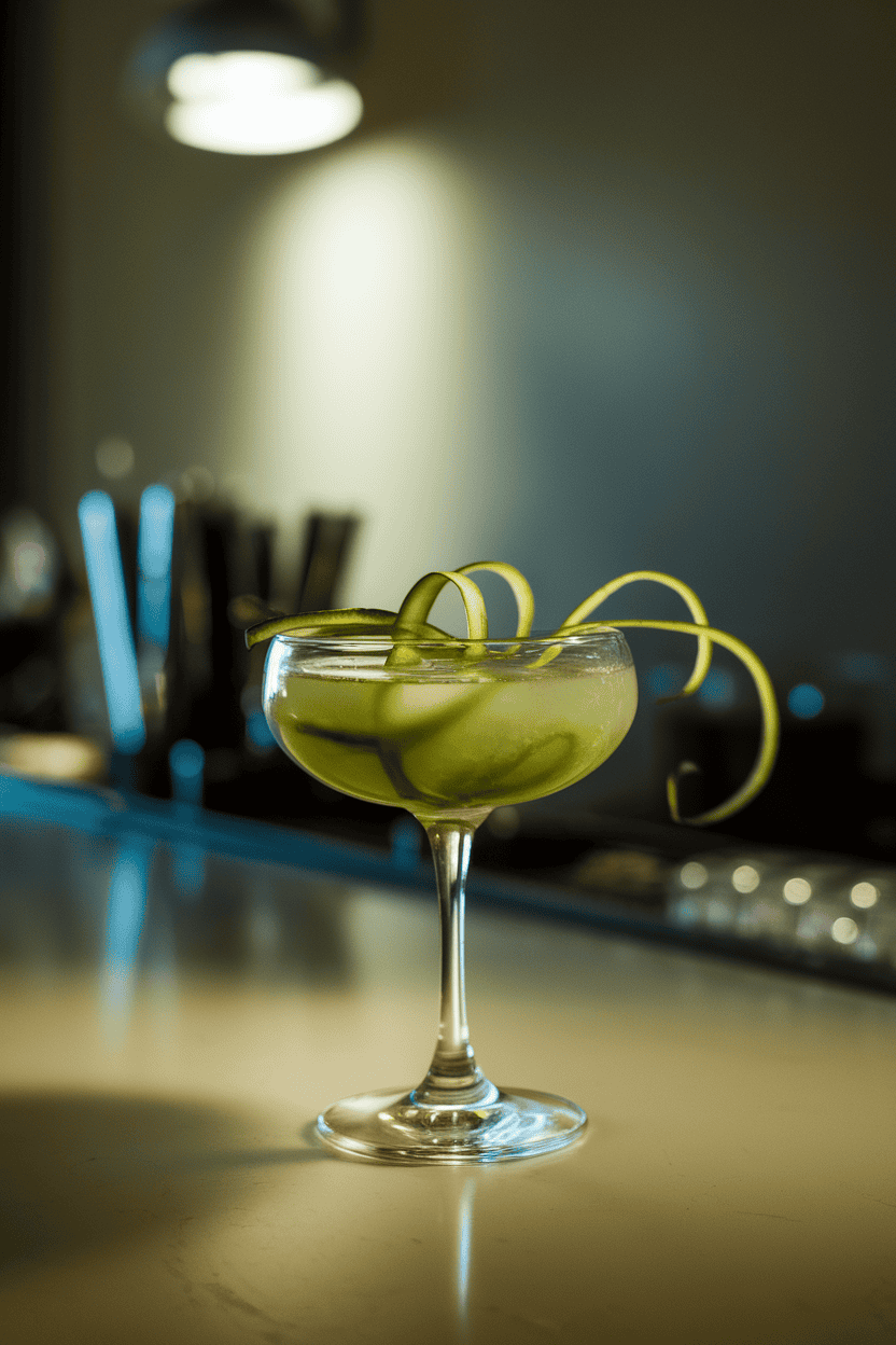Indoor bar sporting a coupe glass of murky green cocktail, thin cucumber ribbon spiraled inside, gentle spotlight overhead; no text or logos.