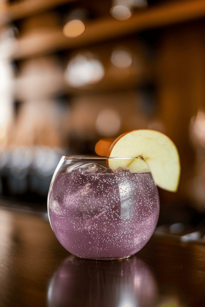 Indoor bar shot of a round stemless glass holding shimmering purple cocktail with tiny silver luster dust sparkles, apple slice garnish; photo only, no logos or text.