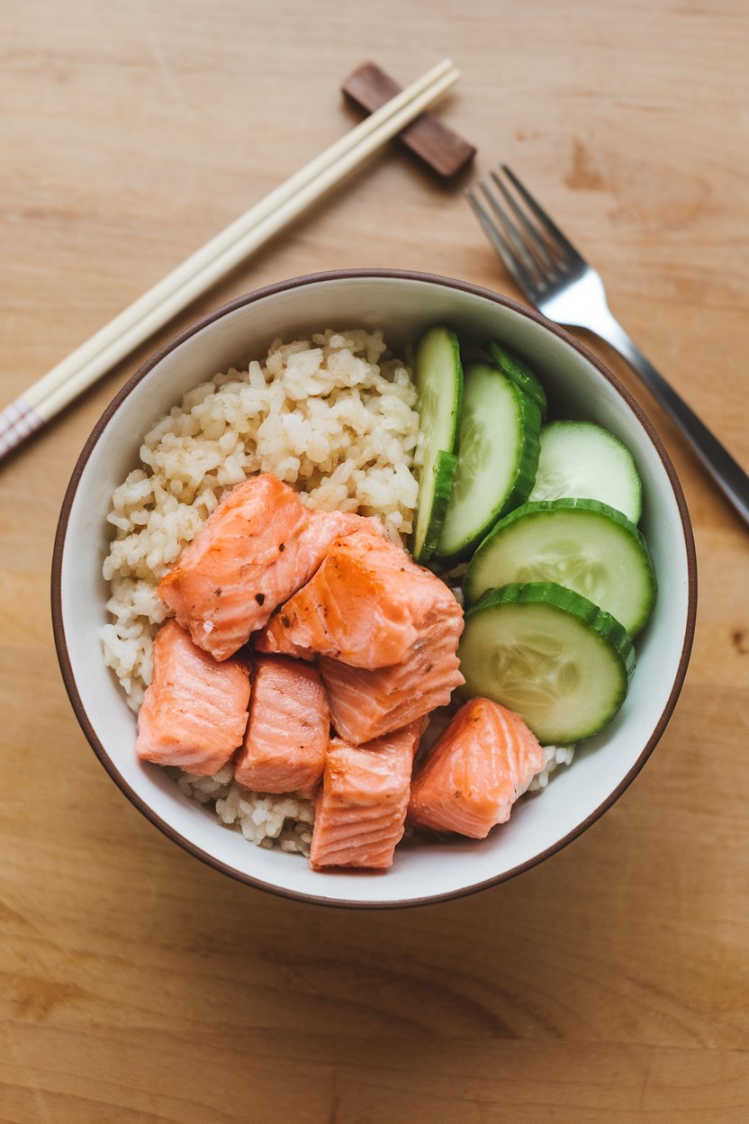 Photo of a meal prep bowl featuring cooked short-grain rice, cooked teriyaki salmon chunks, cucumber slices, and avocado indoors. No text or logos.