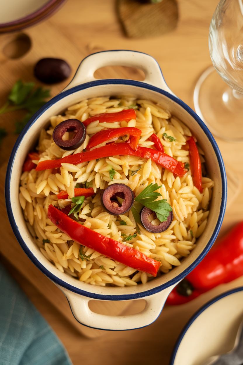 Indoor photo of orzo pasta tossed with roasted red pepper strips, sliced olives, and parsley in a ceramic dish; overhead view, no text or logos.