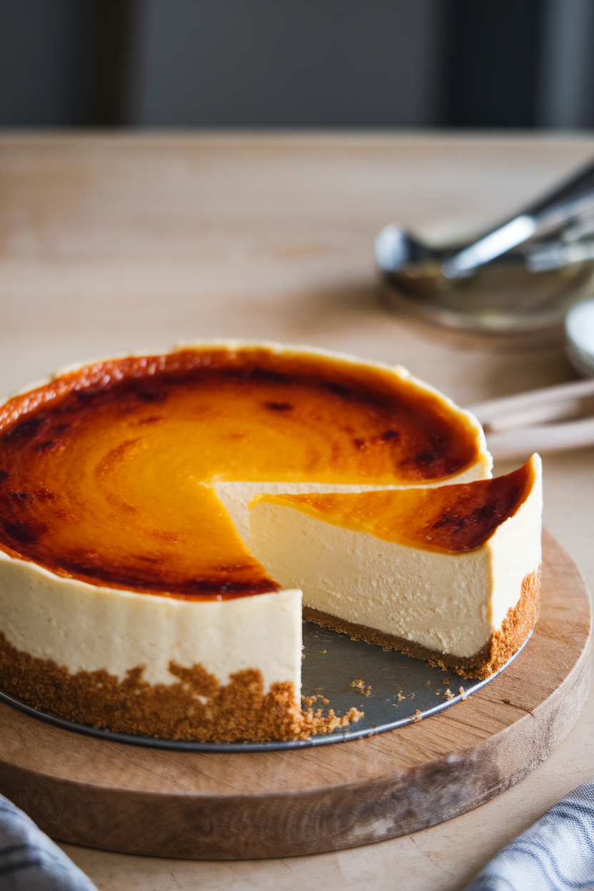Photo of crustless Basque cheesecake indoors with caramelized top, slice removed showing creamy center; no text or logos.