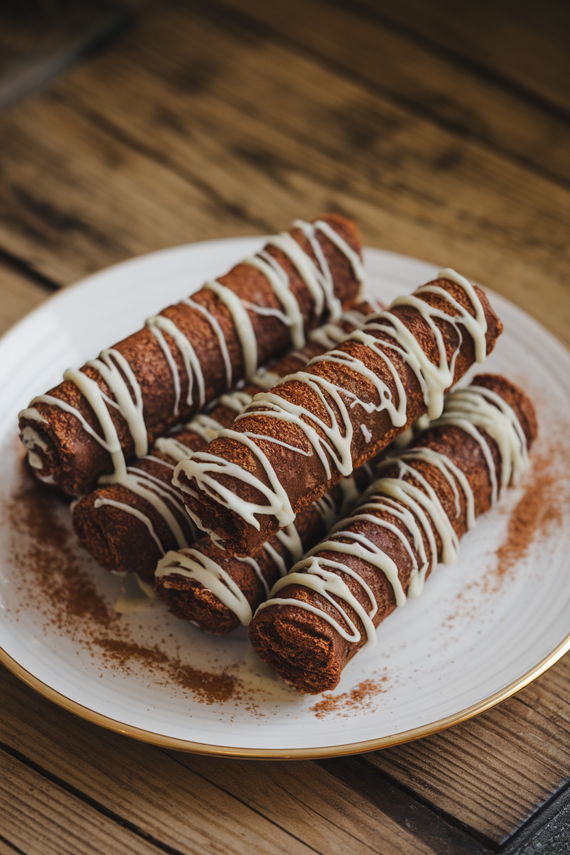 Indoor image of brownie sticks rolled in cinnamon sugar with white chocolate drizzled cobwebs linking them; no text or logos