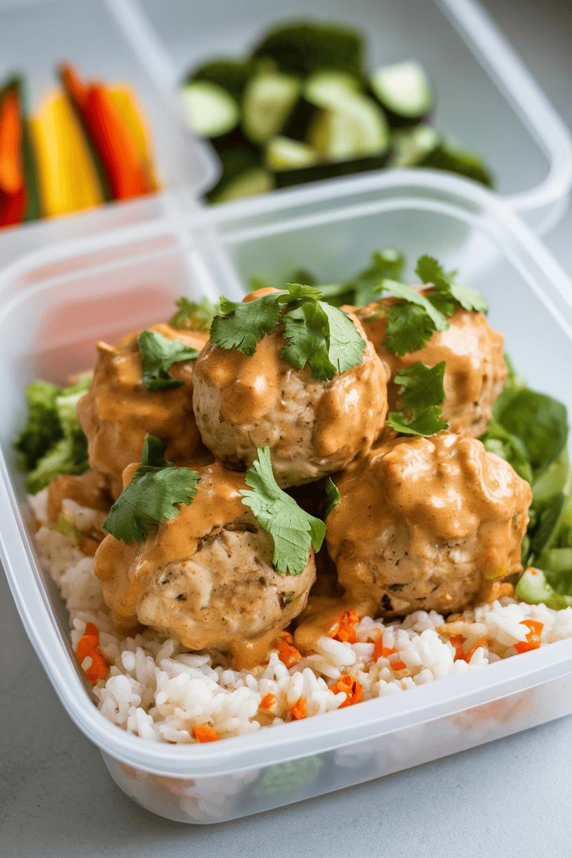 Indoor photo of chicken meatballs coated in light peanut sauce, sprinkled with cilantro, in a meal-prep box. No branding.