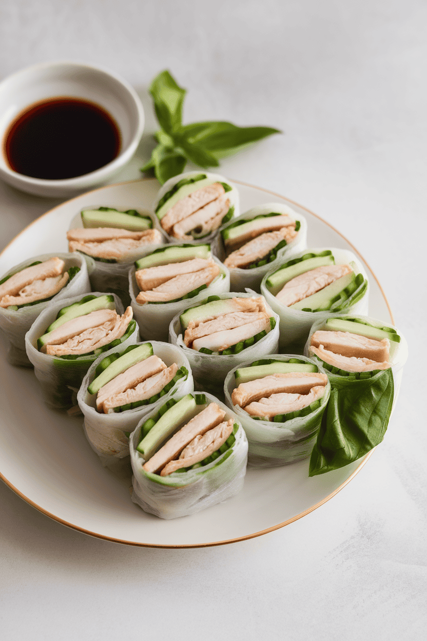 Indoor plate of neatly sliced rice paper rolls revealing white chicken strips, cucumber, and basil, with a small soy dipping bowl. Photo only, logo-free.