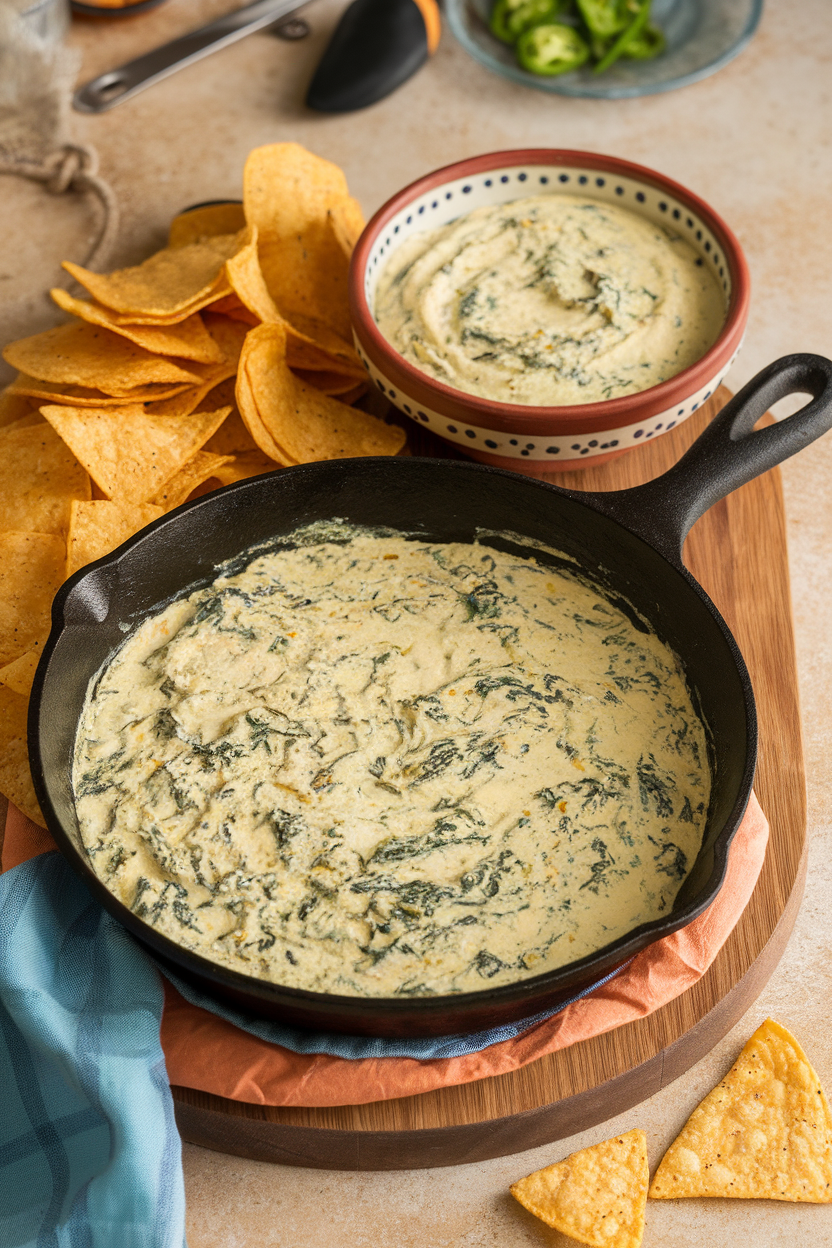 An indoor cast-iron skillet bubbling with creamy spinach queso flecked with green chiles, tortilla chips fanned around. No text or logos. Photo only.