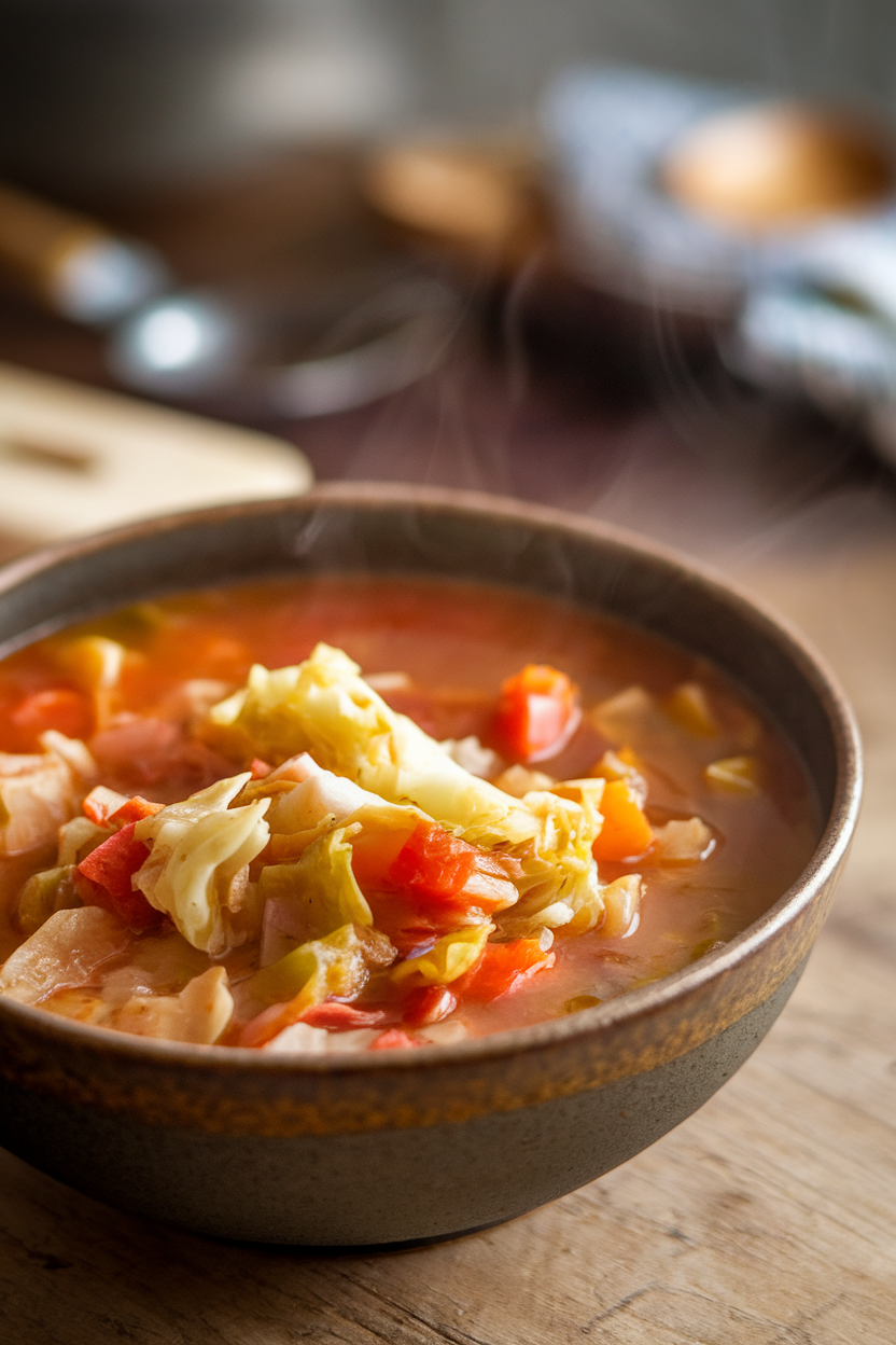 An indoor soup bowl filled with chunky vegetable and cabbage soup, steam rising gently. No text or logos present; photo only.
