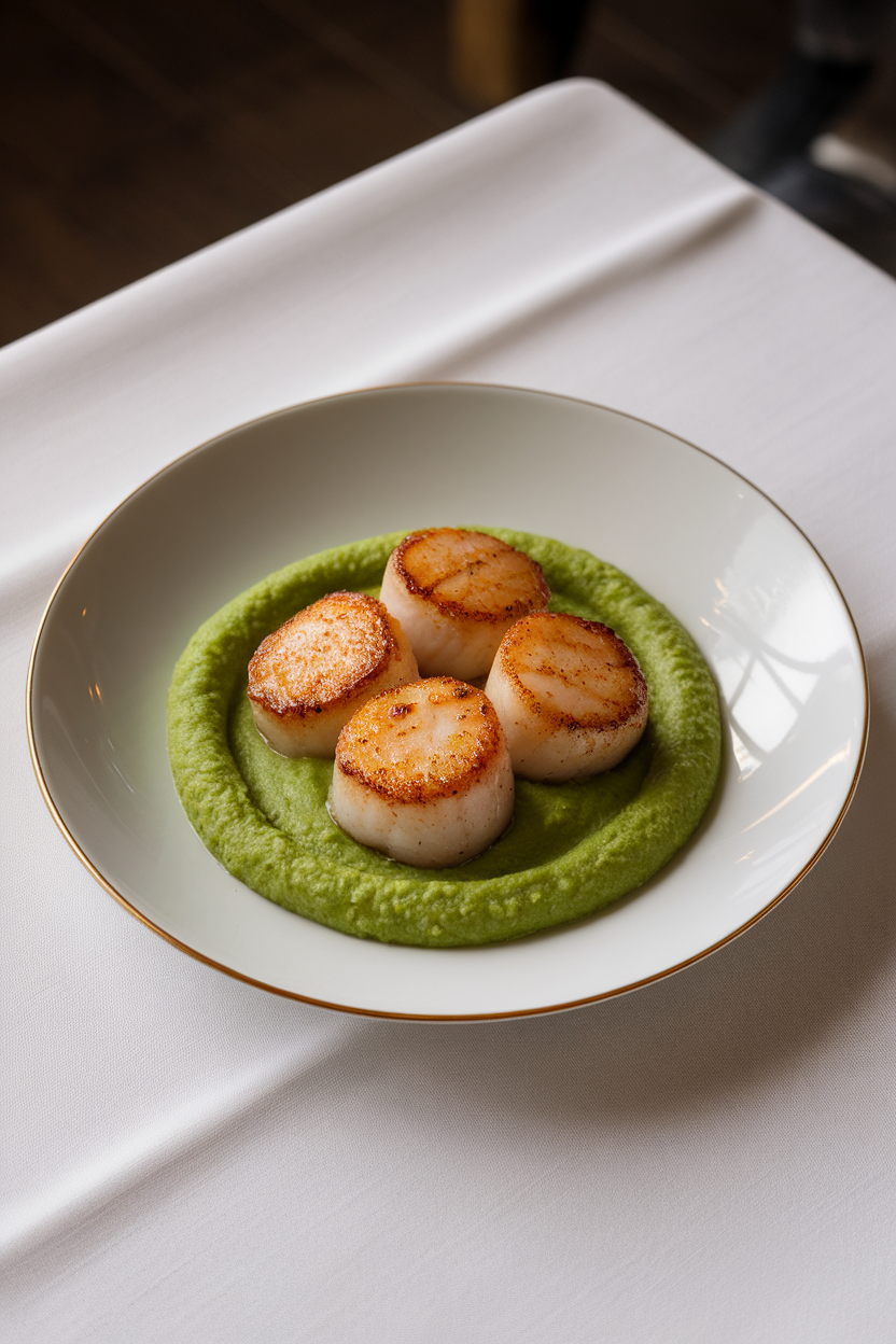 White plate holding golden-brown seared scallops resting on a smooth green pea purée, placed on an indoor white tablecloth. No text or logos. Photo only.