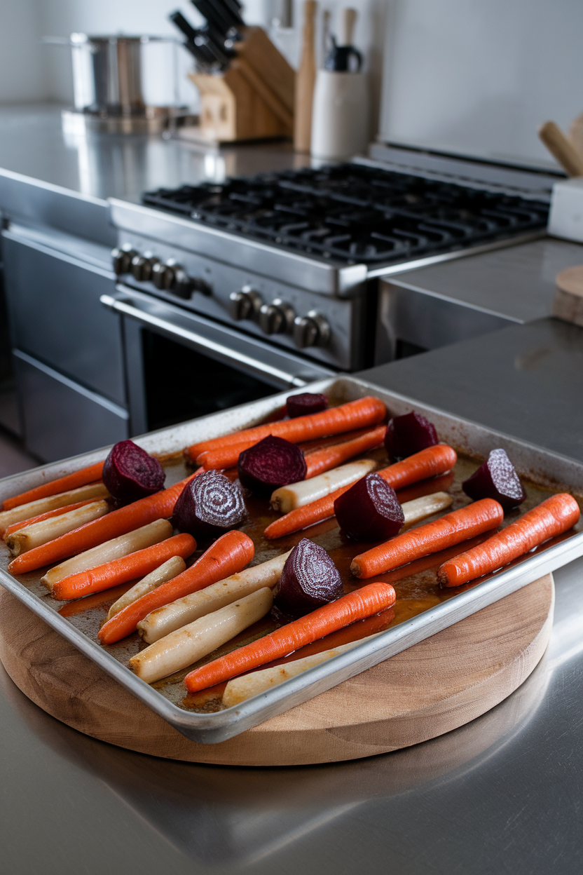 Baking sheet of cooked carrots, parsnips, and beets glazed with maple syrup inside a kitchen setting. No text or logos. Photo.