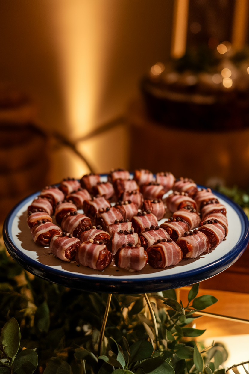 A ceramic platter on an indoor buffet with bacon-wrapped dates arranged in little rows, each dotted with peppercorn “eyes.” Warm intimate lighting, no text or logos. Photo, not illustration.