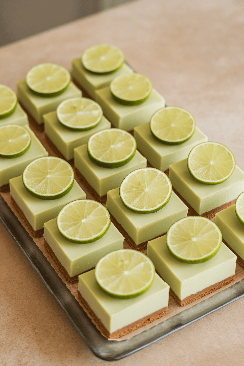Photo of neat squares of key lime pie with graham crust, each topped with a lime slice, arranged indoors on a rectangular platter. No branding or text visible.