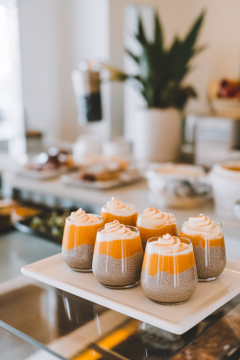 An indoor breakfast bar displaying small glasses of orange chia pudding topped with a swirl of coconut cream and a light sprinkle of nutmeg. No text or logos.