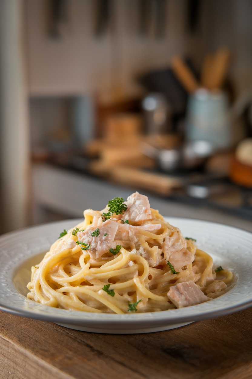 Indoor plate of spaghetti carbonara dotted with cod flakes and parsley, creamy sauce clinging to noodles. No text or logos.