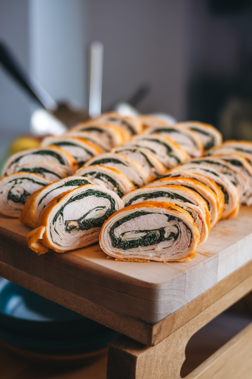 Indoor photo of sliced chicken roll-ups revealing spinach and garlic filling, displayed on a cutting board; soft downlight, no text or logos