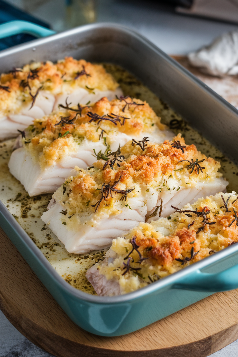Indoor baking dish of cod fillets topped with golden Parmesan-cream crust, herbs scattered on top. No text or logos.