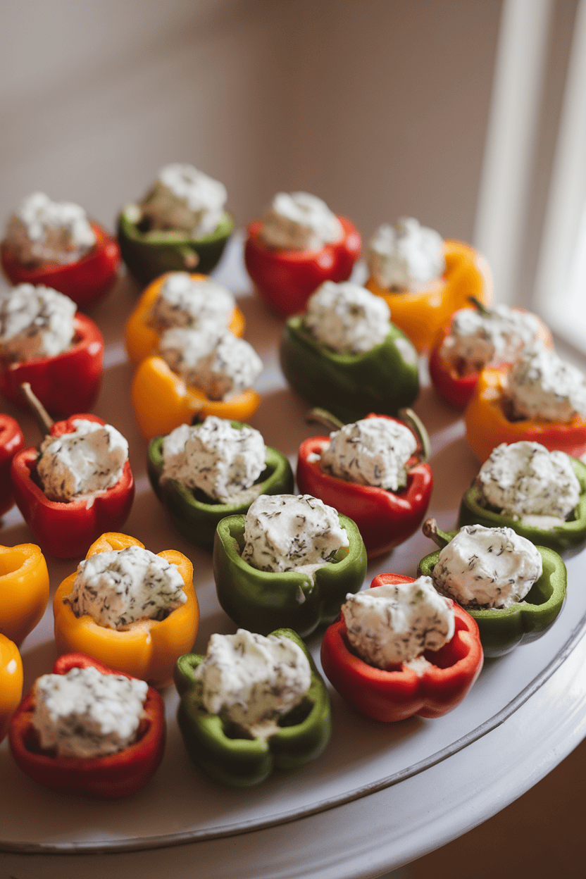 Photo of colorful mini bell peppers halved and filled with herbed cream cheese, arranged on a white platter indoors under soft natural light. No text or branding visible.