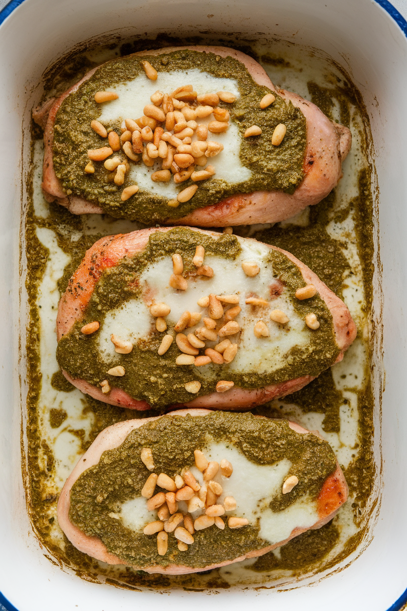 Indoor casserole dish showing chicken breasts spread with green basil pesto and topped with melted mozzarella, sprinkled with pine nuts. No text or logos. Photo.