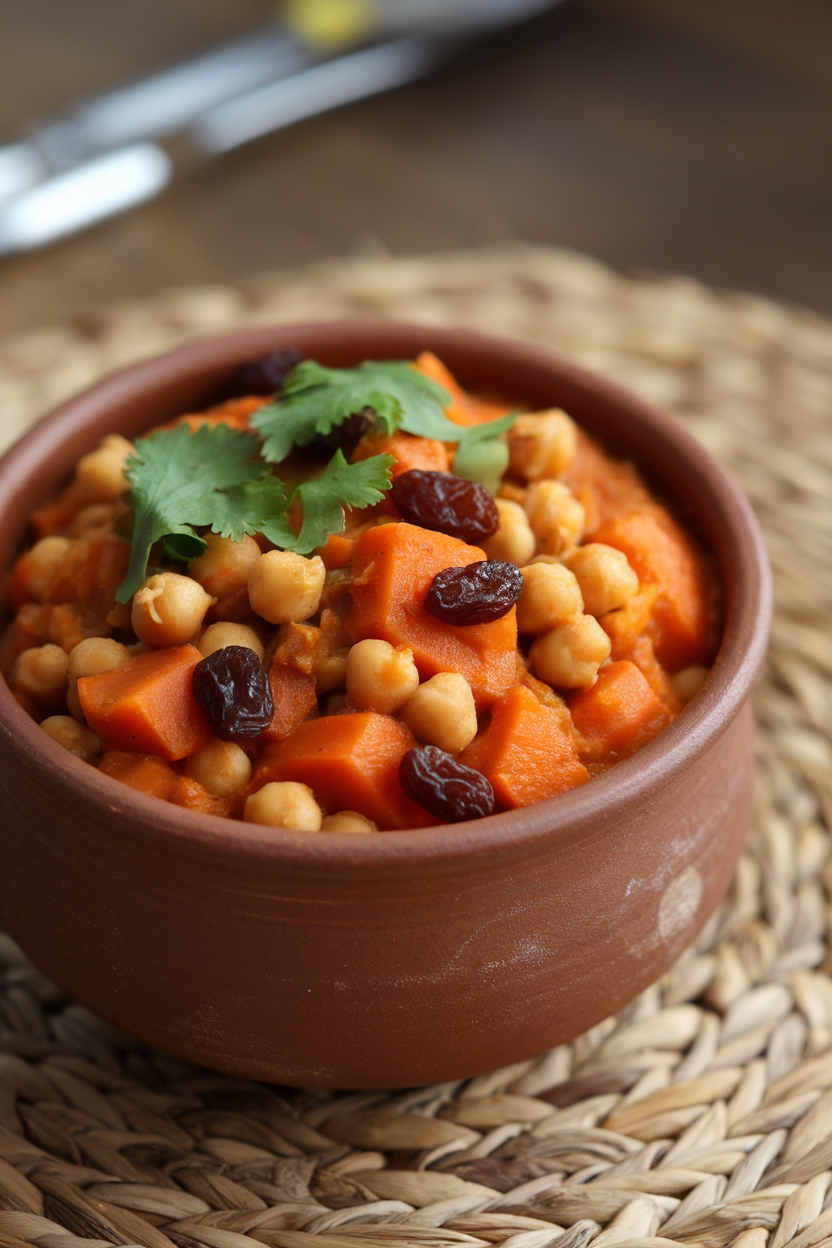 An indoor earthenware bowl of spiced carrot and chickpea stew dotted with raisins and fresh cilantro. No text or logos; photography only.