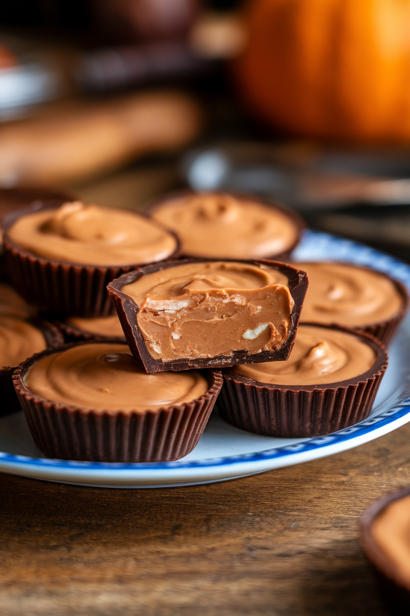 An indoor plate of pumpkin-colored cups in dark chocolate shells, one cut open to reveal creamy almond butter filling. No text or logos.