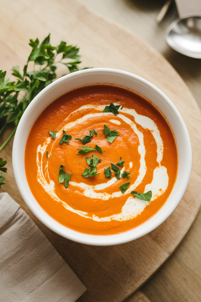 Indoor photo of a smooth orange carrot soup in a white bowl, swirled with coconut milk and sprinkled with chopped parsley. Soft overhead light, no text or logos.