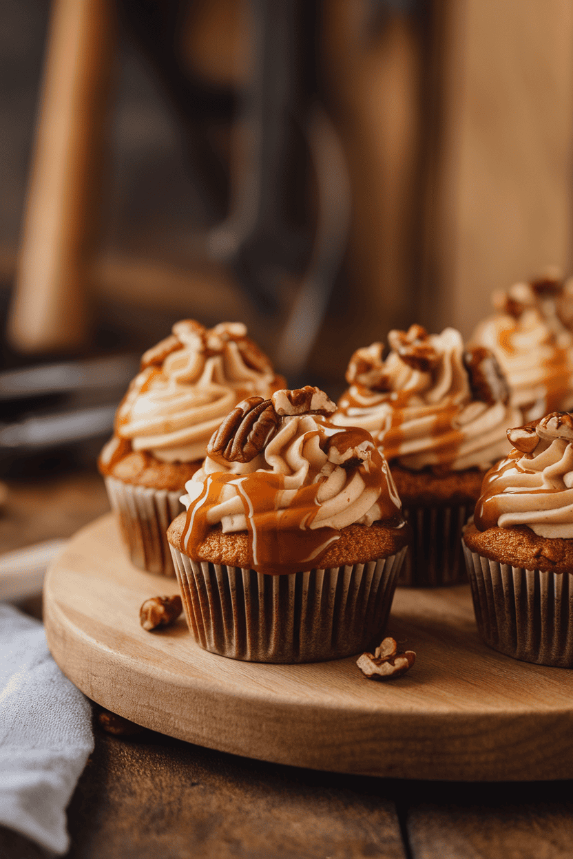 Photo taken indoors under warm light, showing apple-spice cupcakes drizzled with glossy caramel and sprinkled with chopped toasted pecans; no text or logos