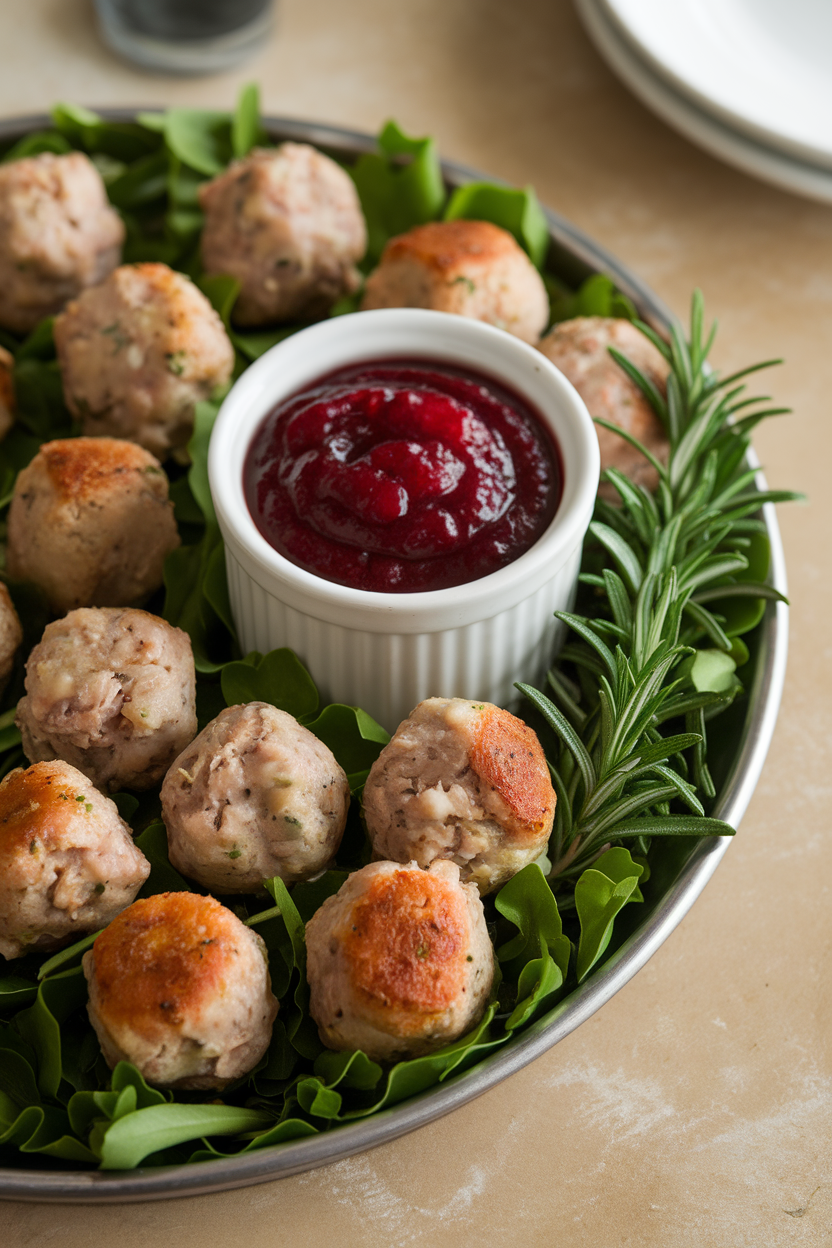 An indoor serving tray with bite-size turkey meatballs and a small bowl of cranberry dipping sauce, no text or logos. Photo.</Prompt