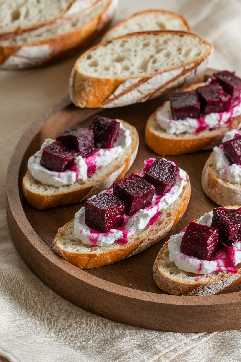Indoor serving tray of toasted baguette slices topped with whipped goat cheese and roasted beet cubes that bleed color slightly. Photo, no text or logos.