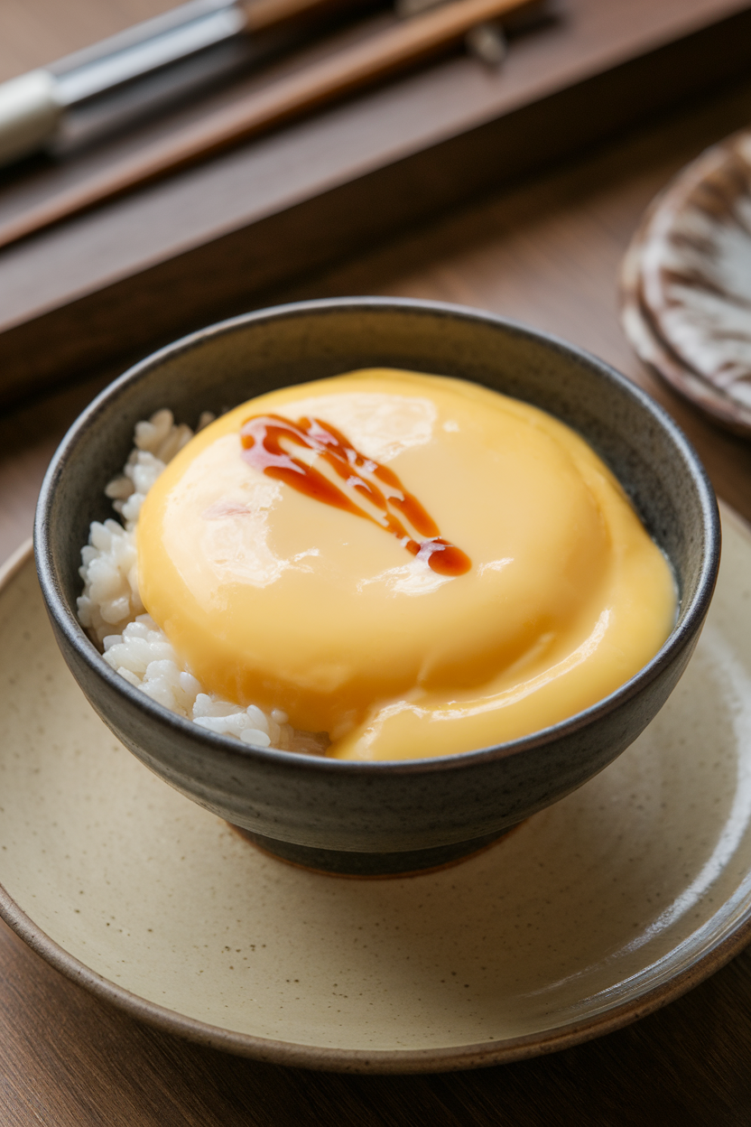 Indoor bowl of fluffy steamed egg custard partially covering a bed of white rice, with a tiny drizzle of soy sauce on top. No text or logos; photo only.