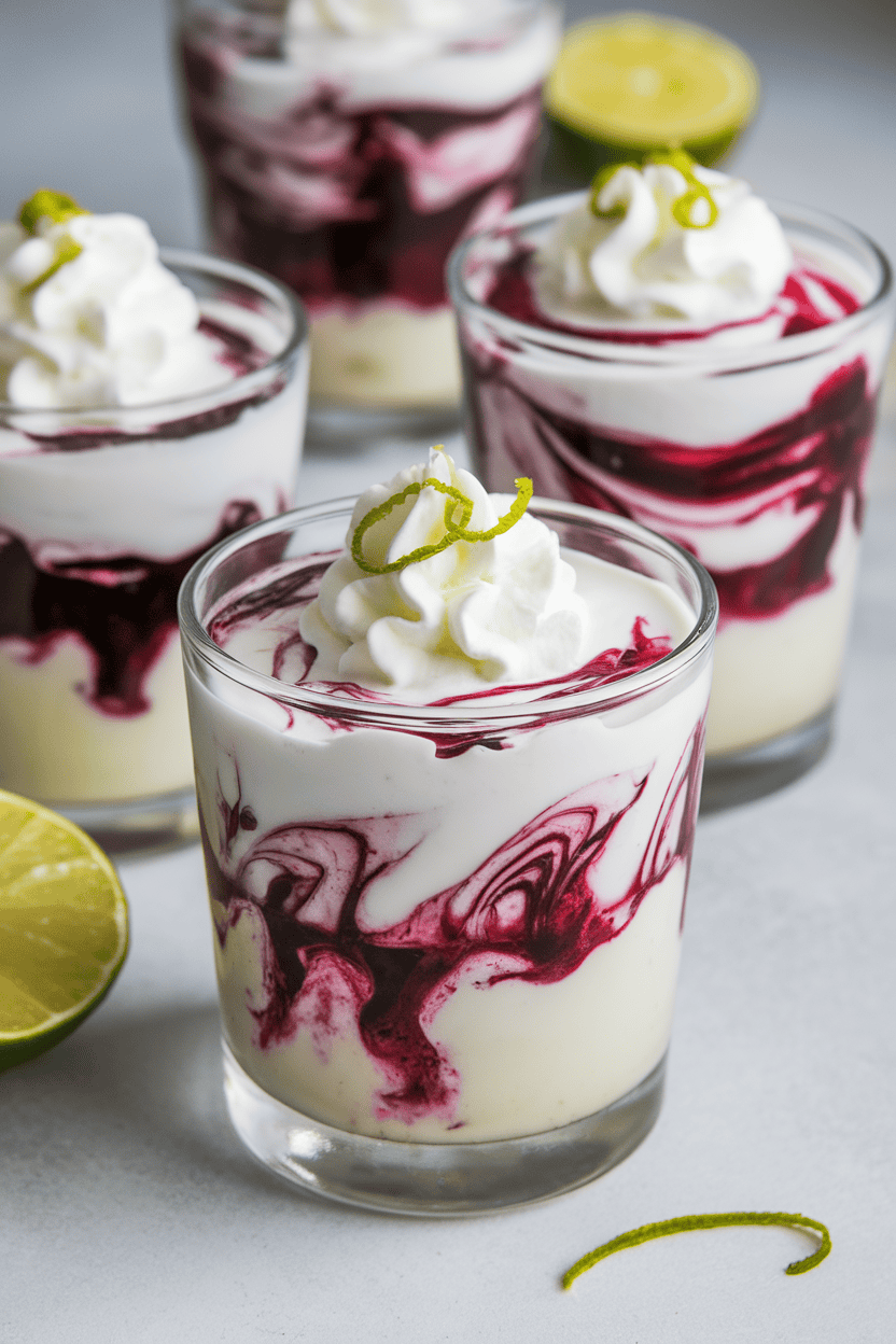 Indoor photo of swirled blackberry puree and whipped cream layered in glass tumblers, lime zest on top, no text or logos