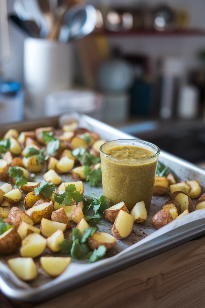 An indoor baking sheet of crispy diced potatoes sprinkled with cilantro, cup of salsa verde alongside. Photo only, no text or logos.