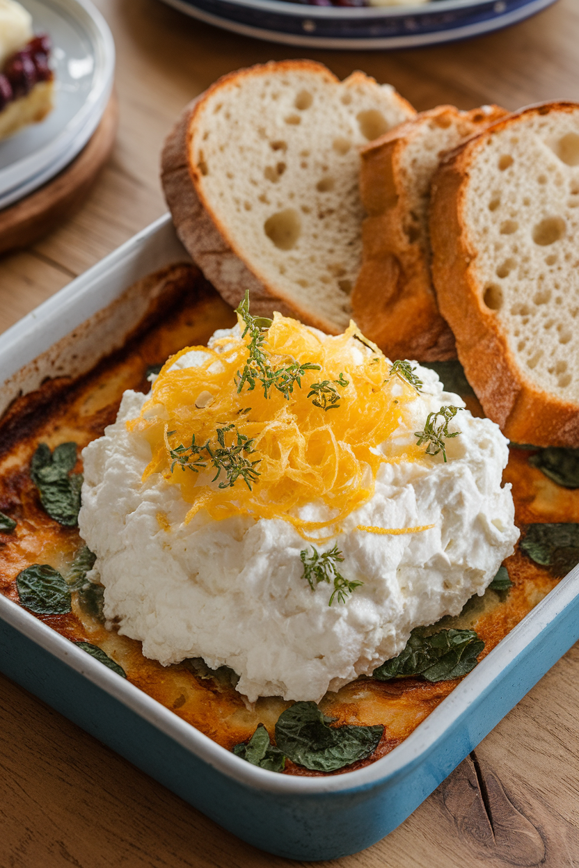 An indoor baking dish of fluffy baked ricotta topped with lemon zest and herbs, served with slices of toasted bread. No text or logos. Photo, not illustration.