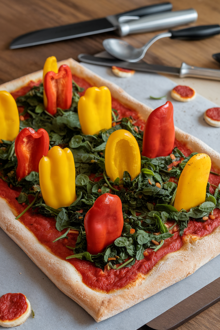 Indoor photo of a rectangular sheet-pan pizza topped with bell-pepper tombstones stuck upright in a bed of spinach “grass.” Photo only, no text or logos.