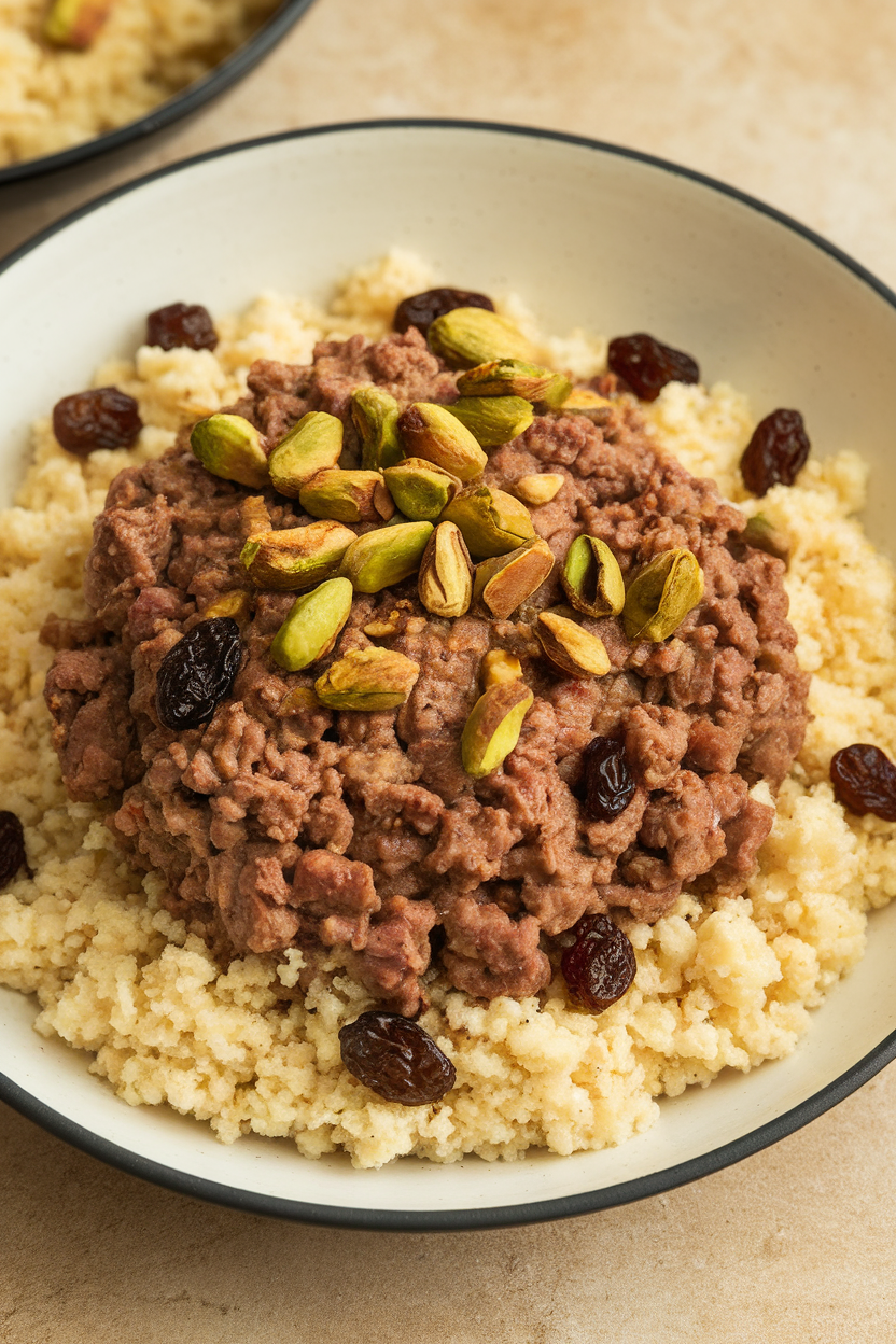 Indoor photo of ground lamb spiced with cumin and cinnamon over fluffy couscous, topped with raisins and toasted pistachios. No logos or text.