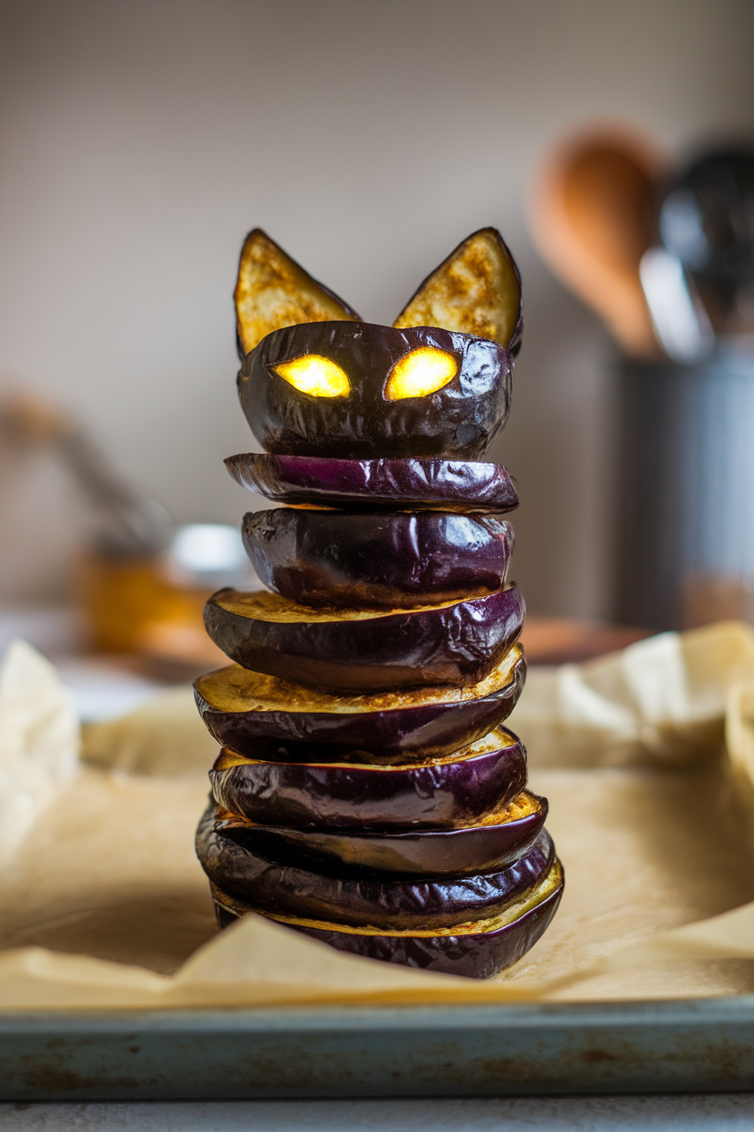 Indoor photo of thinly sliced roasted eggplant fries stacked in the shape of a crouching black cat on a parchment-lined tray, with two pieces of yellow pepper cut as glowing eyes. No text or logos.