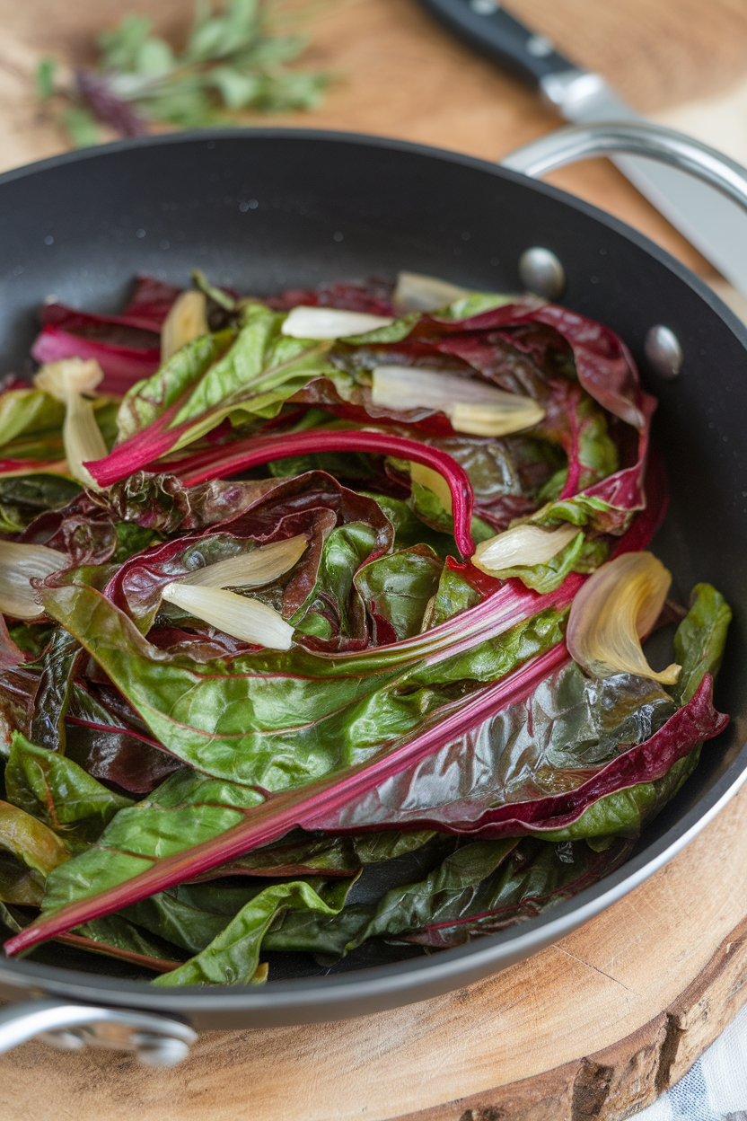 An indoor skillet containing vibrant green and red Swiss chard ribbons mingled with translucent shallots, slight sheen of olive oil; no text or logos. Photo only.