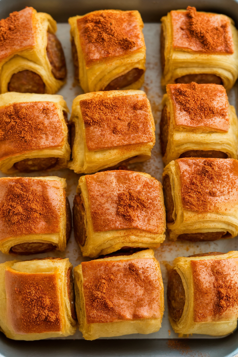 Puff-pastry sausage rolls dusted with pumpkin spice and sugar, sliced into bite-sized pieces on an indoor tray. Photo, no text or logos.