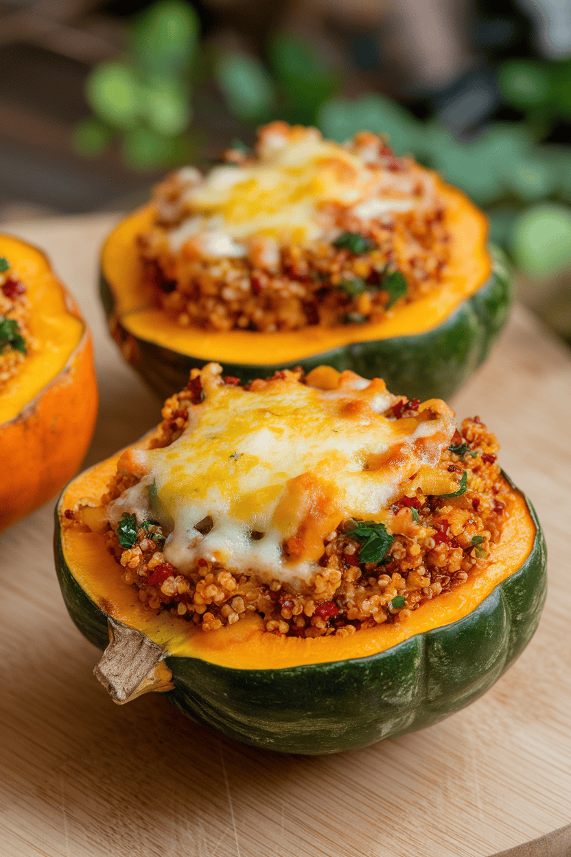 Indoor photo of acorn squash halves filled with colorful quinoa mixture, cheese melted on top. No logos.
