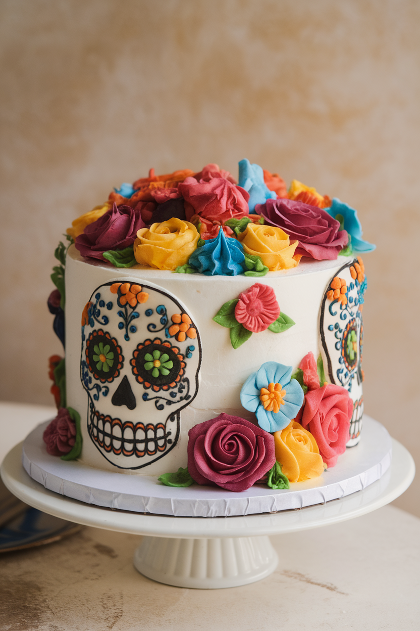 Indoor photo of a white buttercream cake covered with colorful royal-icing flowers and intricate sugar skull designs, softly lit. No text or logos.
