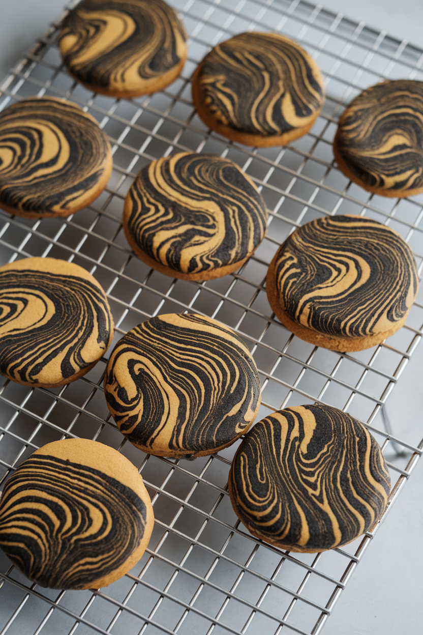 Photo of round cookies marbled with black sesame paste and peanut butter, indoor cooling rack, no text or logos.