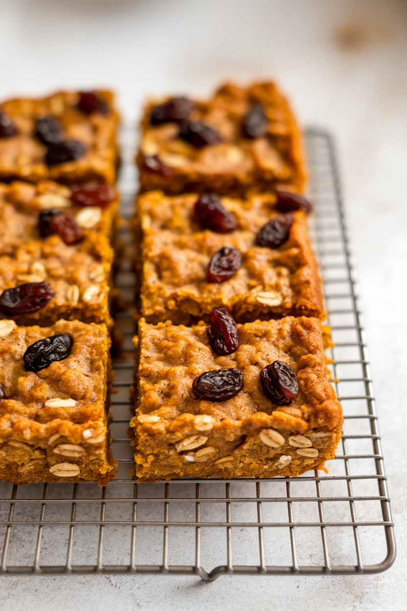 Indoor wire rack of thick oatmeal pumpkin bars cut into rectangles, raisins dotting the top. No text or logos. Photo only.