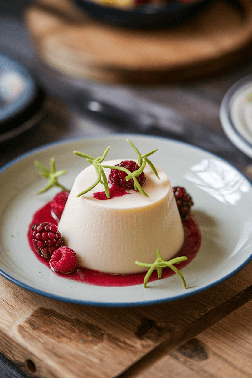 Indoor photo of pale panna cotta unmolded onto a plate, garnished with lemon verbena leaves and berry coulis, no text or logos