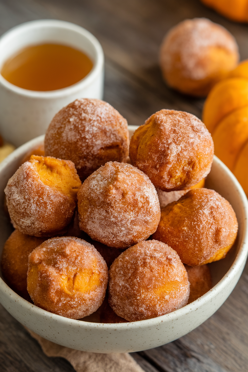 Indoor photo of pumpkin doughnut holes rolled in cinnamon sugar, piled in a bowl with a small cup of cider beside. No text or logos.
