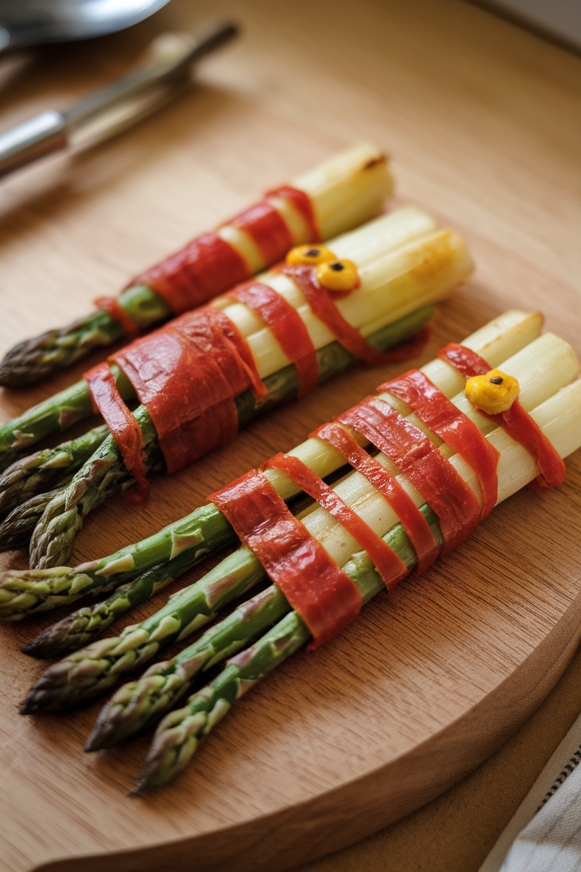 Indoor photo of roasted asparagus spears draped with thin strips of roasted red pepper to mimic mummy bandages, two tiny mustard dots for eyes on the tip of each spear. Soft indoor lighting, no text or logos.