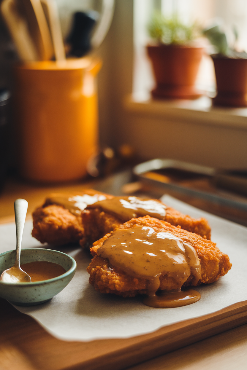 Warm indoor kitchen scene showing fried chicken breasts glazed with shiny maple-mustard sauce, spoon resting on a small bowl of extra glaze, photo only, no text or logos