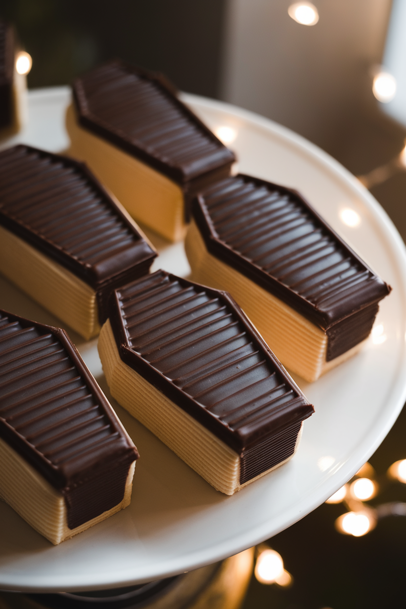 Photo of individual mini loaf cakes shaped like coffins, coated in dark chocolate ganache, delicate indoor lighting, no text or logos.