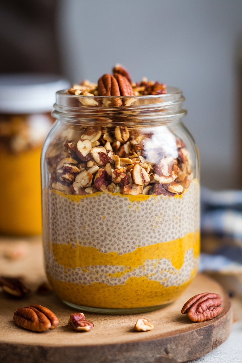 Photo of an indoor glass jar layered with pumpkin chia pudding and pecan granola; no text or logos