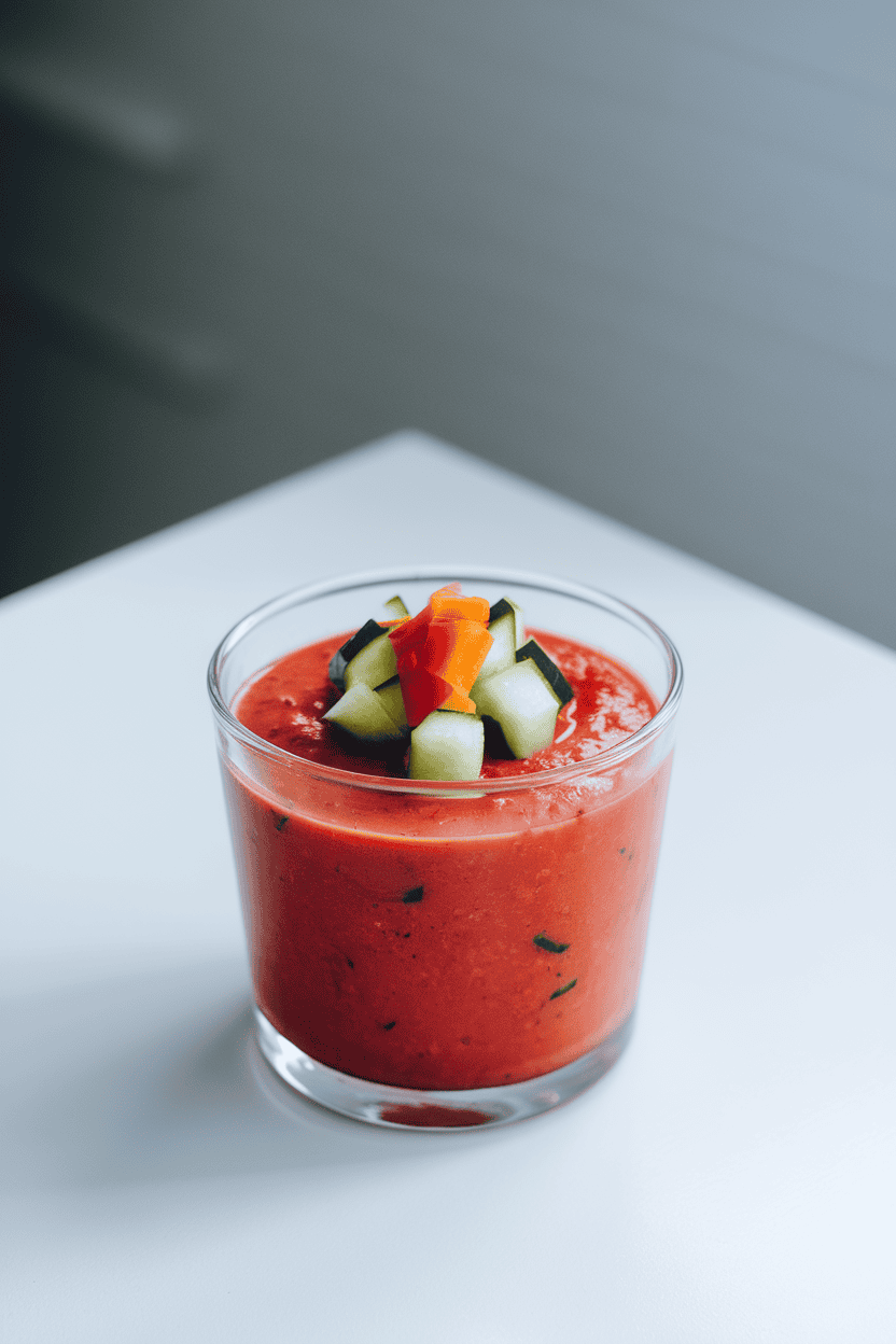 A photo taken indoors of a small glass cup filled with chilled red gazpacho topped with diced cucumber and bell pepper garnish. No text or logos.
